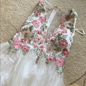 My Michelle v-neck flowy white prom dress with roses and mesh back and pearls